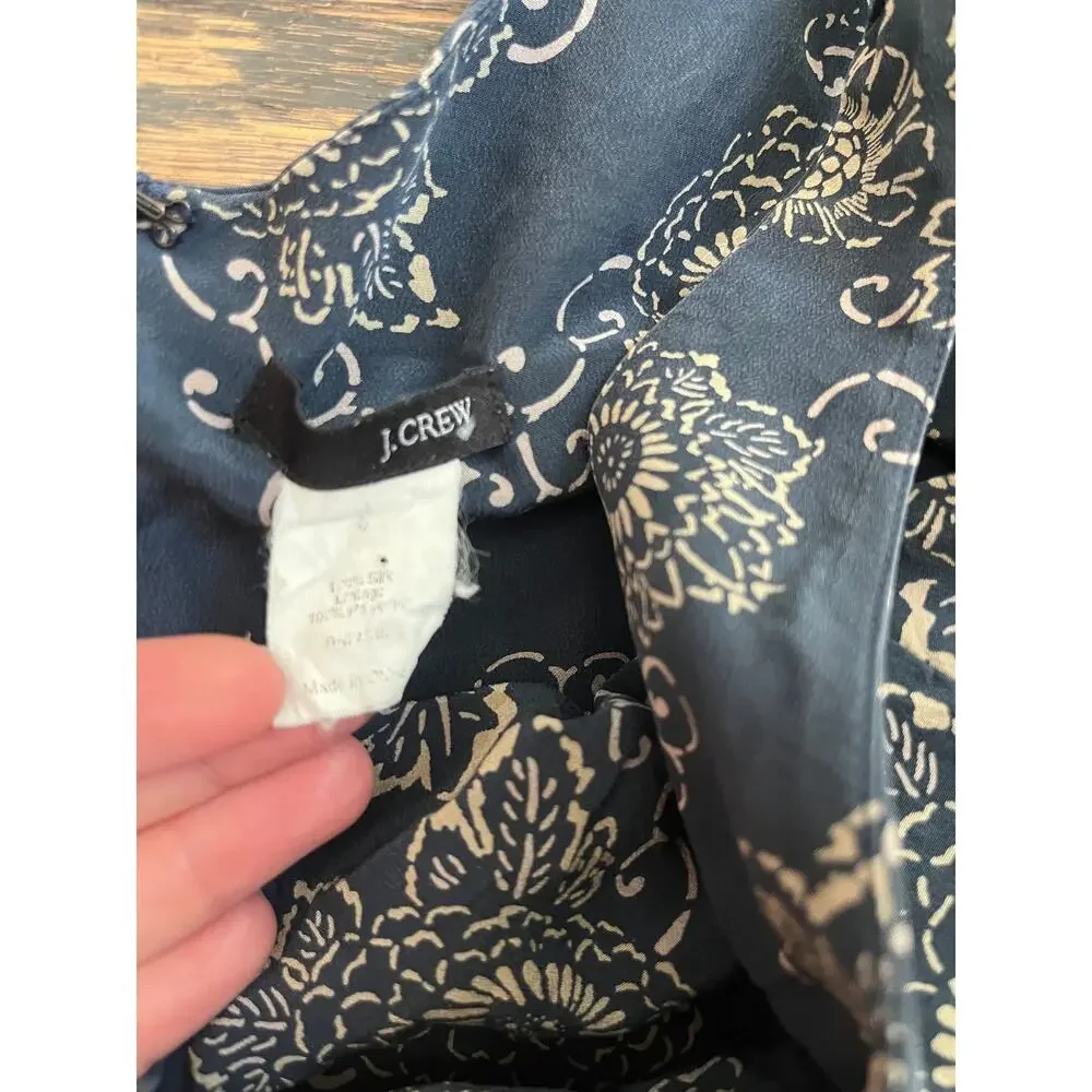 VTG J Crew 100% Silk Dress Blue Sunflower Floral Medallion Midi Slip 90s Sz. S